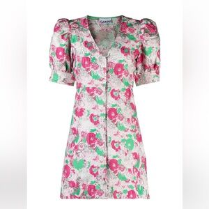 Ganni Pink & Green Floral Puff-Sleeve Mini Dress